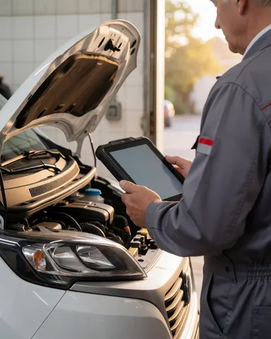 Mécanicien en uniforme gris vérifie le moteur d'un camping-car blanc à l'aide d'une tablette numérique dans un atelier éclairé par la lumière du jour.