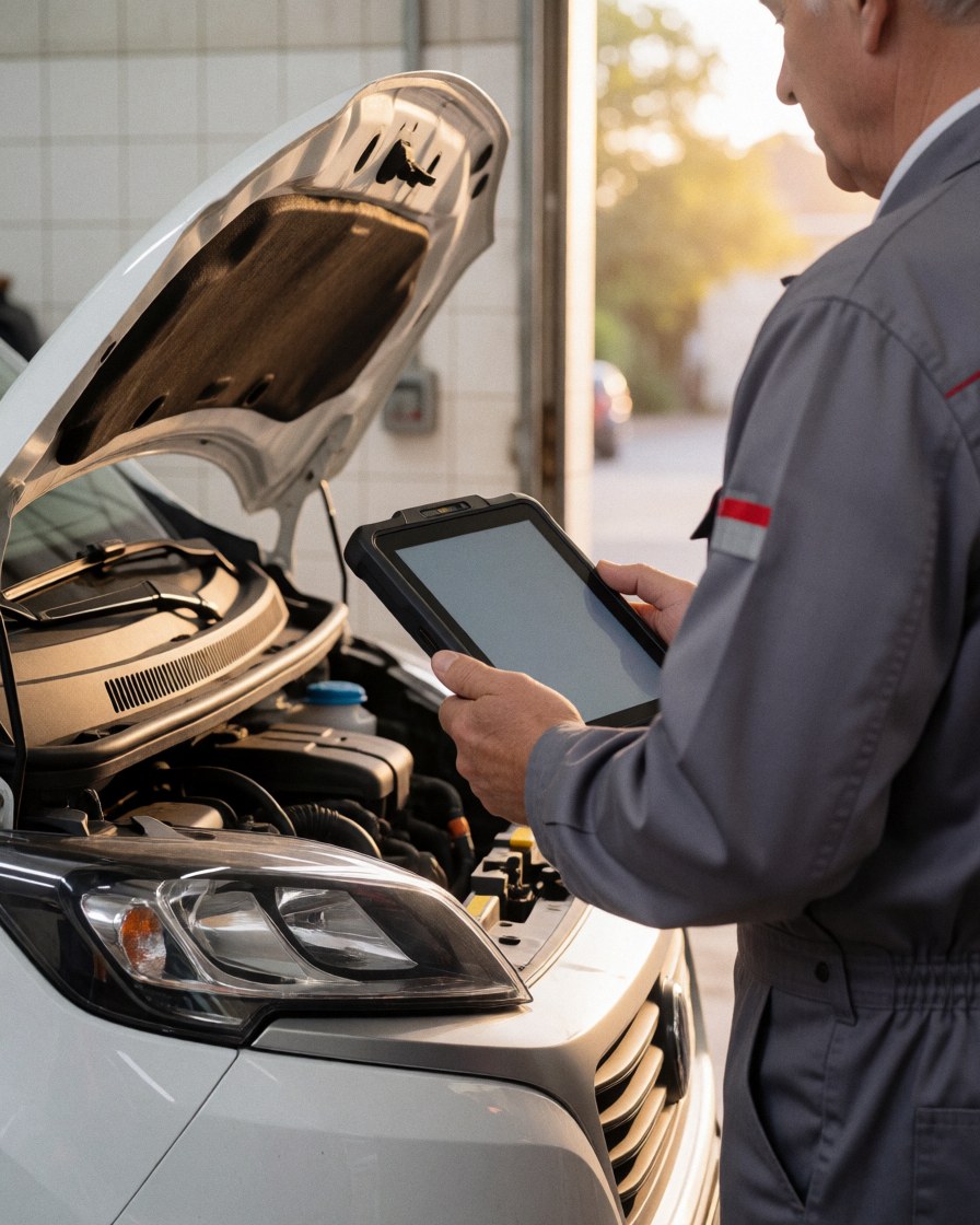 Mécanicien en uniforme gris vérifie le moteur d'un camping-car blanc à l'aide d'une tablette numérique dans un atelier éclairé par la lumière du jour.