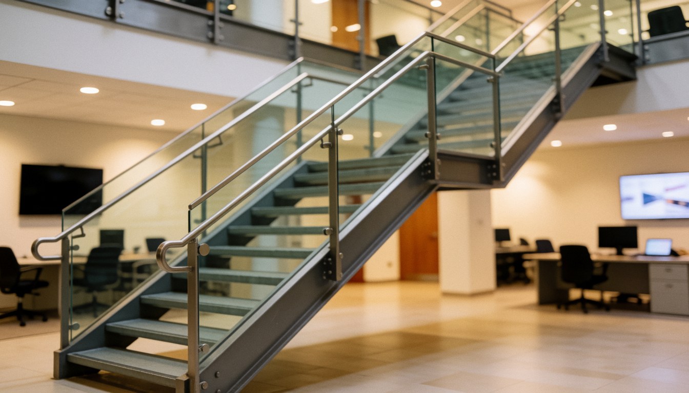 Escalier contemporain en métal et verre dans un hall d’entrée de bureau avec un éclairage chaleureux, servant de fond pour du texte.