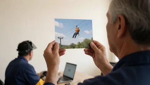 Dos d'une personne tenant une photo avec une tyrolienne en arrière-plan, dans un bureau avec murs blancs et ordinateur portable sur le bureau.