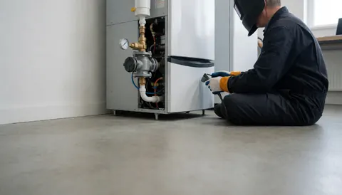 Technicien en chauffage portant un casque de soudage et des gants répare une chaudière à gaz avec un manomètre visible dans une pièce propre.