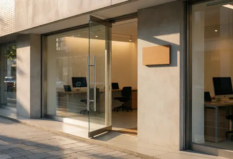 Vue de l'entrée d'un studio de photographie moderne avec une porte en verre, des tables de travail, des chaises de bureau, un mur en béton et une lumière chaude de fin d'après-midi.