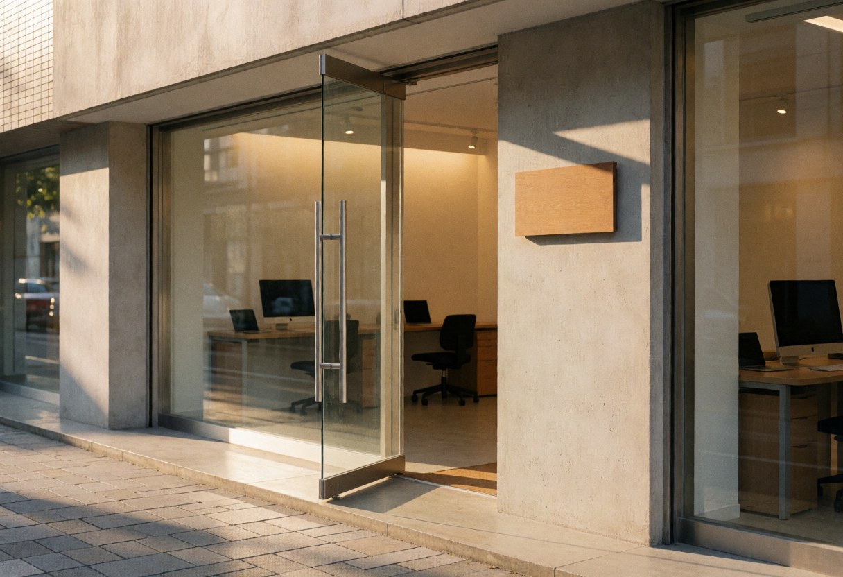 Vue de l'entrée d'un studio de photographie moderne avec une porte en verre, des tables de travail, des chaises de bureau, un mur en béton et une lumière chaude de fin d'après-midi.