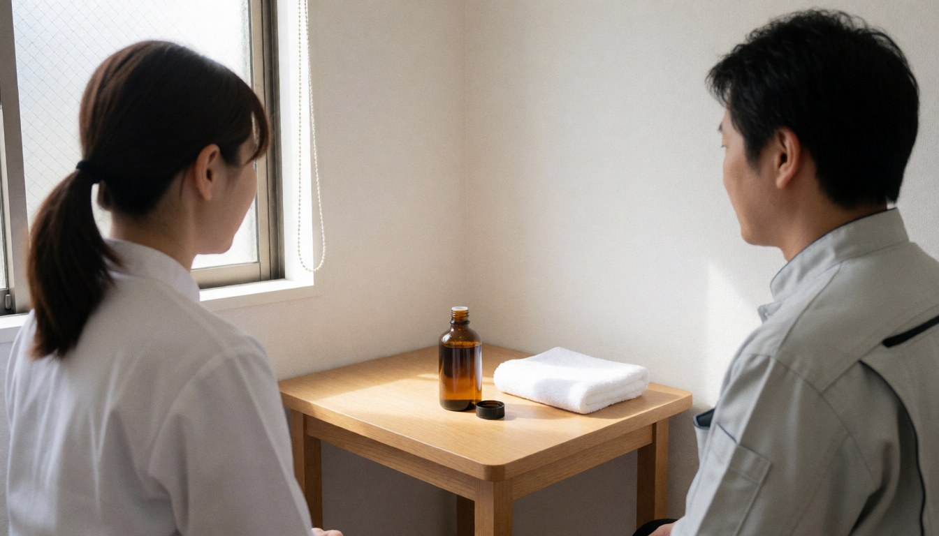 Un thérapeute et un client dans une salle de massage avec une bouteille d'huile et une serviette blanche sur une table en bois, éclairage naturel par la fenêtre.