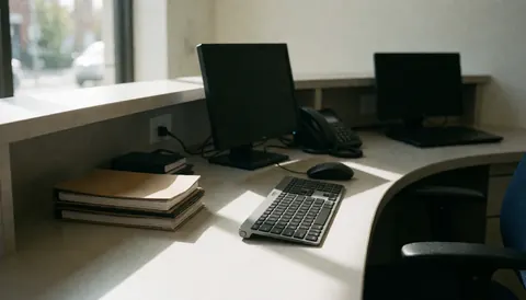 Bureau moderne équipé d'un clavier, d'une souris, d'un téléphone et de livres de rendez-vous, baigné de lumière naturelle, idéal pour un service de carrosserie et peinture.