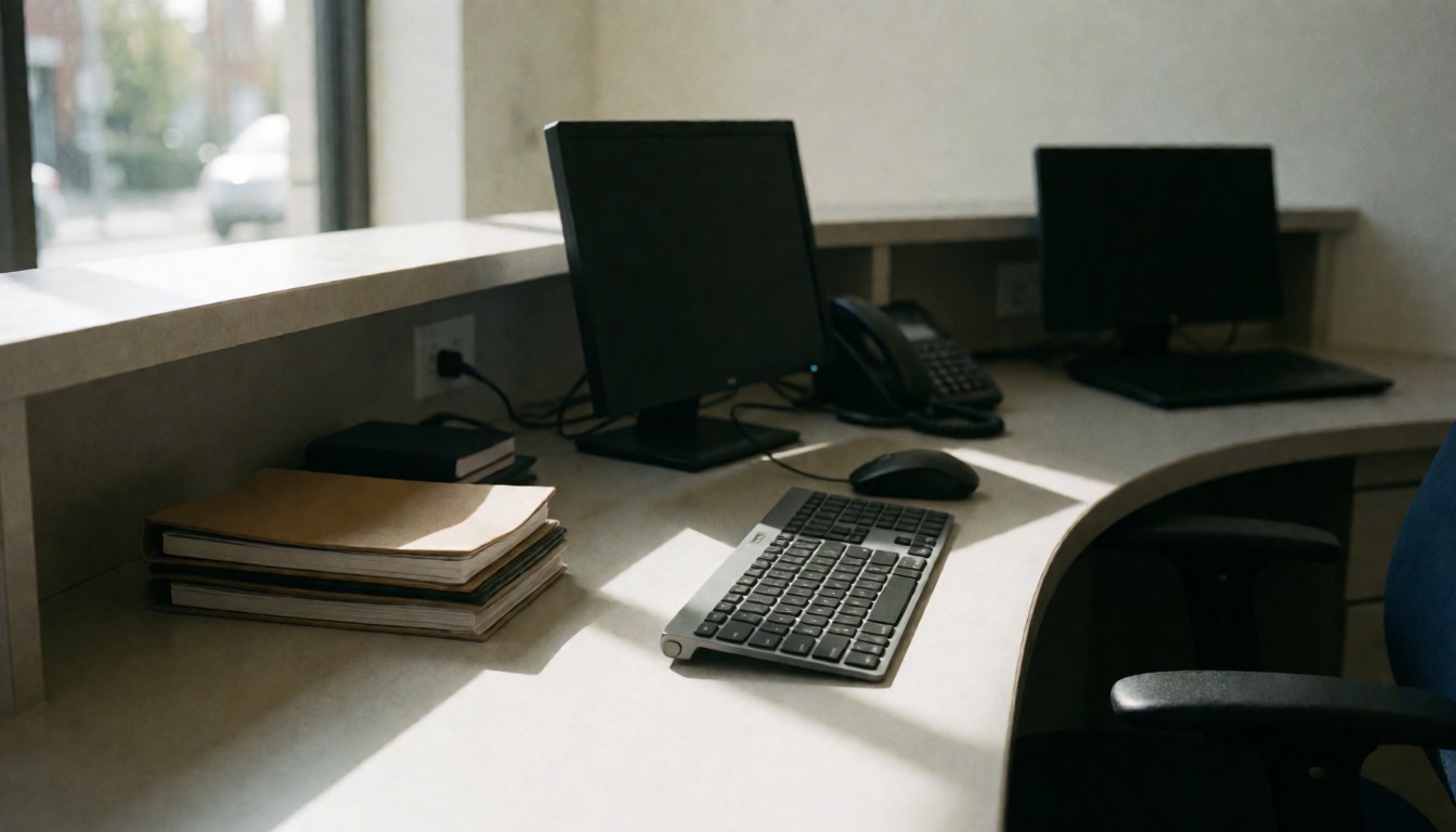 Bureau moderne équipé d'un clavier, d'une souris, d'un téléphone et de livres de rendez-vous, baigné de lumière naturelle, idéal pour un service de carrosserie et peinture.