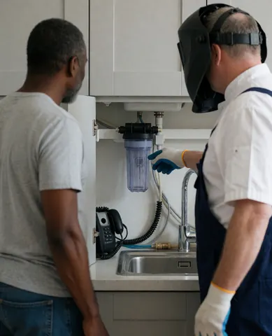 Un plombier en gants installe un filtre à eau sous l'évier d'une cuisine moderne tandis qu'un client observe la prestation de service.
