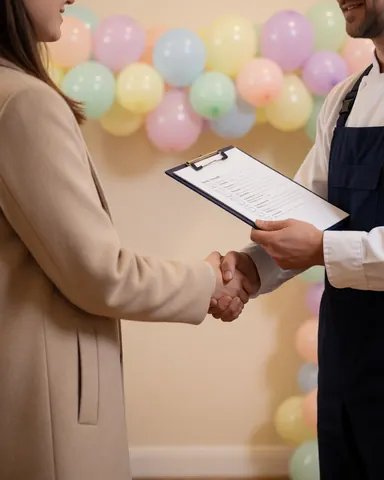 Un décorateur d'événements et son client signent ensemble une liste de contrôle à côté de ballons pastel sur un mur beige dans un cadre intérieur.