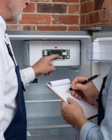 Un technicien et un client examinent le panneau de contrôle électronique d'un réfrigérateur devant un mur en briques rouges, avec une mise au focus sur les mains.