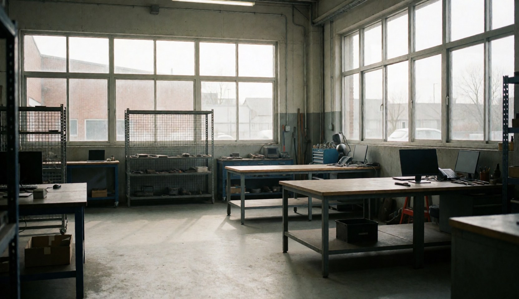 Atelier industriel vide avec tables de travail, étagères métalliques et grandes fenêtres laissant entrer la lumière naturelle, idéal pour texte sur services industriels