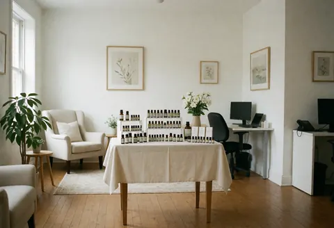 Intérieur d'une clinique d'homéopathie avec table en bois couverte d'une nappe blanche, des flacons de remèdes floraux, une chaise confortable, une plante, des murs blancs et un sol en bois.