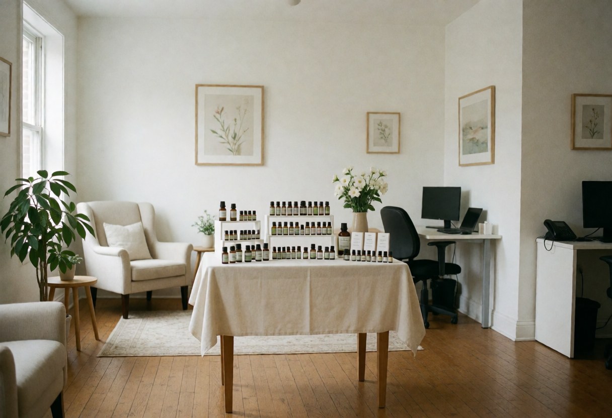 Intérieur d'une clinique d'homéopathie avec table en bois couverte d'une nappe blanche, des flacons de remèdes floraux, une chaise confortable, une plante, des murs blancs et un sol en bois.