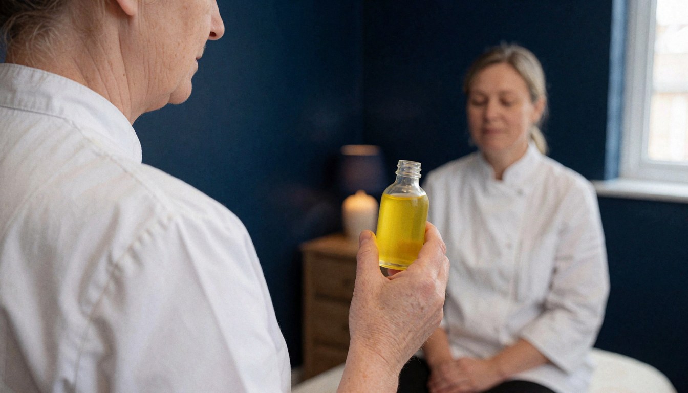 Un professionnel de la santé tient une bouteille d'huile jaune pendant qu'il effectue un soin sur un client dans un espace de traitement.