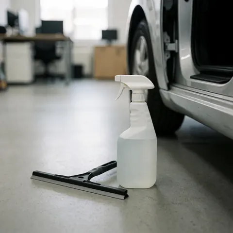 Bouteille de produit nettoyant et raclette posées sur un sol en béton gris, à côté d'une porte de voiture ouverte dans un atelier de lavage automobile.