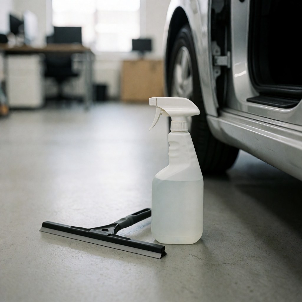 Bouteille de produit nettoyant et raclette posées sur un sol en béton gris, à côté d'une porte de voiture ouverte dans un atelier de lavage automobile.