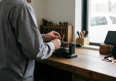 Serrurier en atelier, travaillant avec une clé en cuivre sur une machine de coupe, table en bois et outils sur étagère, lumière naturelle par fenêtre.