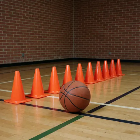 Ballon de basket et cônes d'entraînement orange posés sur un sol en bois de gymnase avec un mur en briques en arrière-plan.