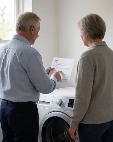 Un technicien explique la réparation d'une machine à laver à un client dans une maison, en tenant le manuel près de l'appareil avec une lumière naturelle venant de la fenêtre.