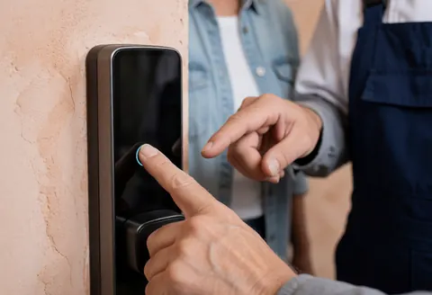 Un client teste un cadenas intelligent installé par un serrurier professionnel à ses côtés sur un mur clair.