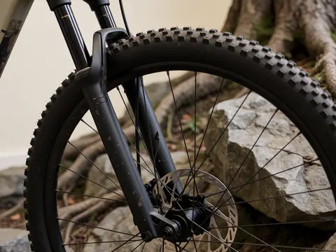 Vue rapprochée d'un système de freinage à disque et d'une roue de vélo tout-terrain posés sur un sol rocailleux et racé, illustrant l'équipement technique pour le cyclisme en extérieur.