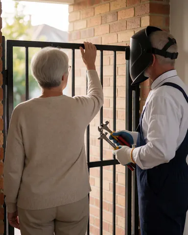 Une cliente examine une porte de sécurité nouvellement posée. Un installateur avec des outils se tient à proximité, devant un mur en briques, sous un éclairage doux.