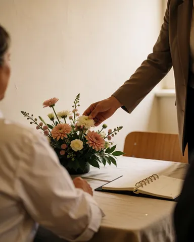 Un organisateur de mariage ajuste une fleur sur un centre de table pendant qu'un client est assis à côté avec un carnet ouvert, dans une ambiance chaleureuse.