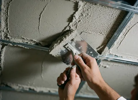 Gros plan d'une main utilisant une truelle pour appliquer du matériau gris sur une structure métallique, révélant une texture rugueuse sous un éclairage directionnel pour un professionnel du bâtiment.