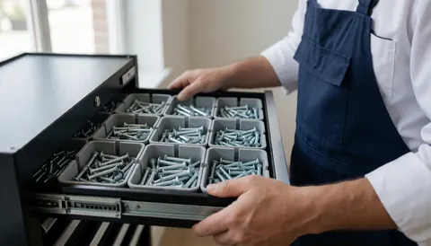 Un professionnel en tablier range des vis et des ancrages dans une boîte à outils éclairée par la lumière naturelle pour un service de montage de meubles.