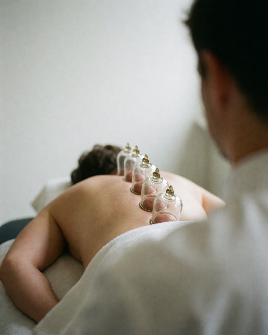 Un thérapeute applique des ventouses en verre sur le dos d'une cliente dans une clinique de massages, sur fond blanc avec une lumière douce.