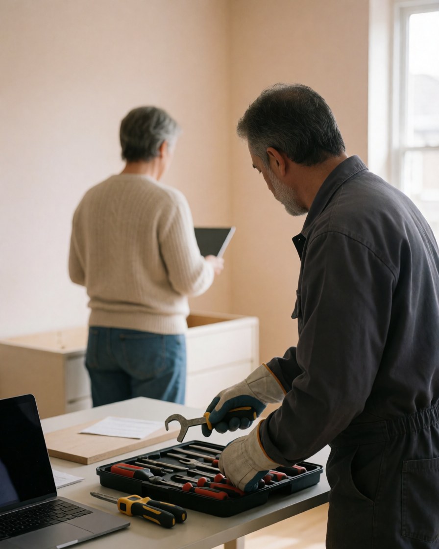Un technicien de montage range ses outils dans une caisse tandis qu'un client observe le nouveau meuble dans une pièce aux murs beige.