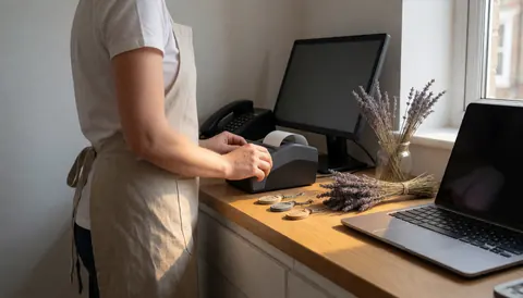 Un professionnel dans un magasin de médecine traditionnelle, entouré de lavande séchée et d'amulettes posées sur la caisse enregistreuse, baigné d'une lumière naturelle chaude provenant d'une fenêtre.