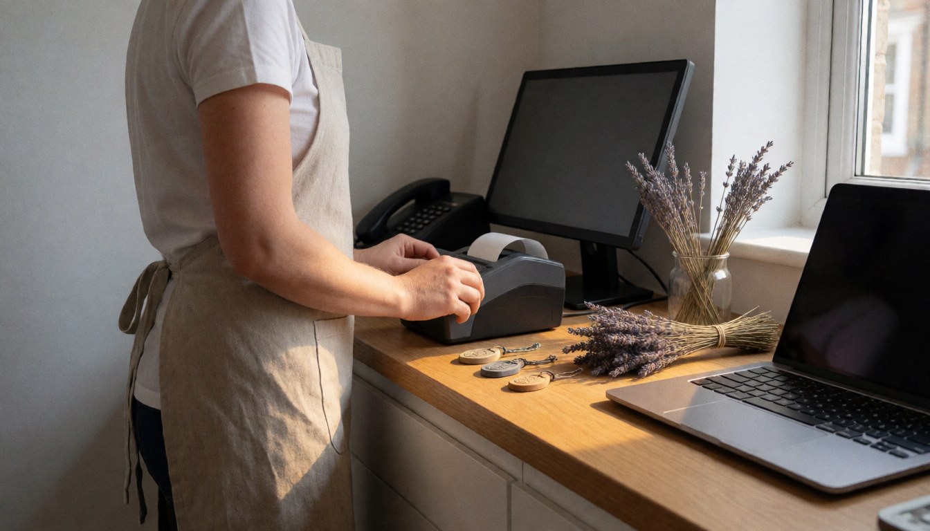 Un professionnel dans un magasin de médecine traditionnelle, entouré de lavande séchée et d'amulettes posées sur la caisse enregistreuse, baigné d'une lumière naturelle chaude provenant d'une fenêtre.