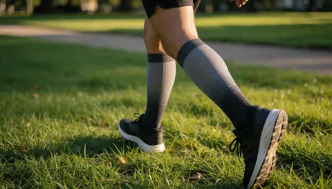 Jambes d'un athlète avec des chaussettes de compression sur l'herbe, éclairage doré, idéal pour un entraîneur d'athlétisme.