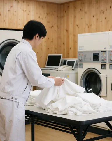 Un employé plie du linge blanc sur une table au sein d'une laverie, avec des machines industrielles et des murs en bois clair en arrière-plan.
