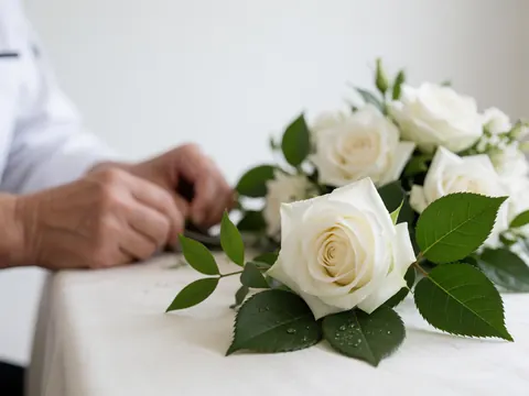 Mains travaillant sur un bouquet de roses blanches avec des feuilles vertes sur une table blanche, idéal pour un photographe de mariage.