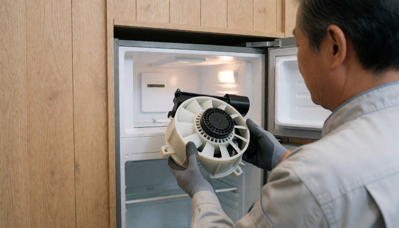Technicien en gris tenant un évaporateur blanc et noir devant un réfrigérateur ouvert avec lumière intérieure et mur en bois clair, idéal pour services de réparation.