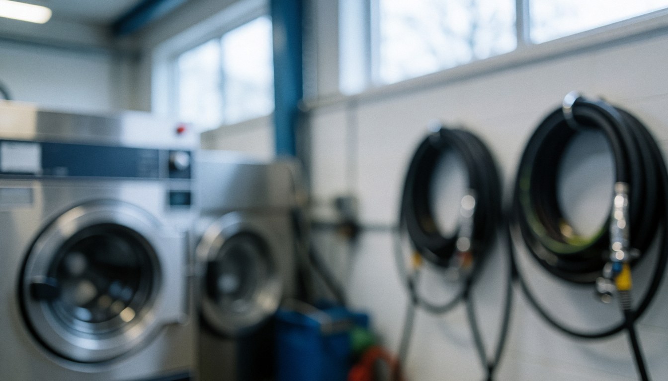 Arrière-plan de lavage automobile avec tuyaux haute pression et laveuses industrielles, éclairage naturel par fenêtres hautes, ambiance propre et professionnelle.