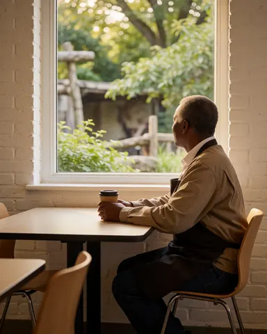 Un client savoure un café dans la cafétéria du zoo, regardant par la fenêtre vers les enclos végétalisés.