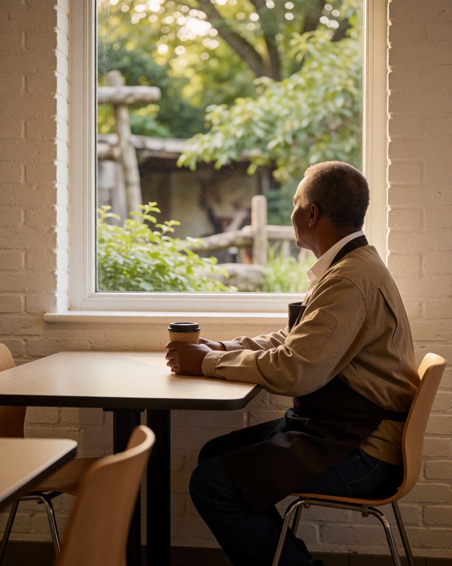 Un client savoure un café dans la cafétéria du zoo, regardant par la fenêtre vers les enclos végétalisés.