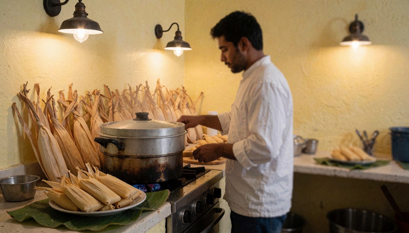 Un cuisinier prépare des tamales dans une cuisine traditionnelle aux murs jaunes, avec une marmite à vapeur et des épis de maïs secs en arrière-plan.