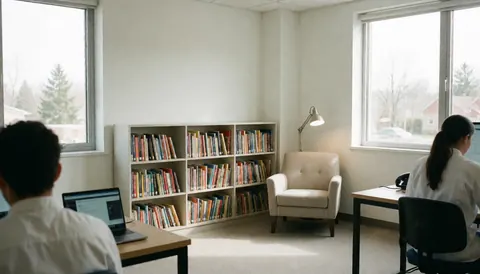 Deux étudiants concentrés sur leurs ordinateurs dans une bibliothèque éclairée par la lumière naturelle, entourés de livres, idéal pour illustrer un cours d'espagnol.