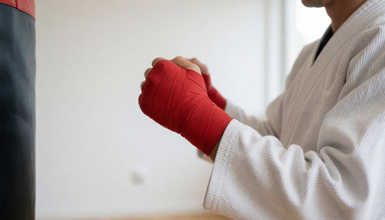 Étudiant en karaté portant un gi blanc et des bandages rouges aux poignets, se préparant à frapper un sac de frappe noir dans un dojo aux murs blancs et à la lumière naturelle.