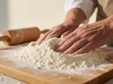 Mains de boulanger pétrissant de la farine blanche sur un plan de travail en bois avec un rouleau à pâtisserie, sur un fond de murs blancs chauds.