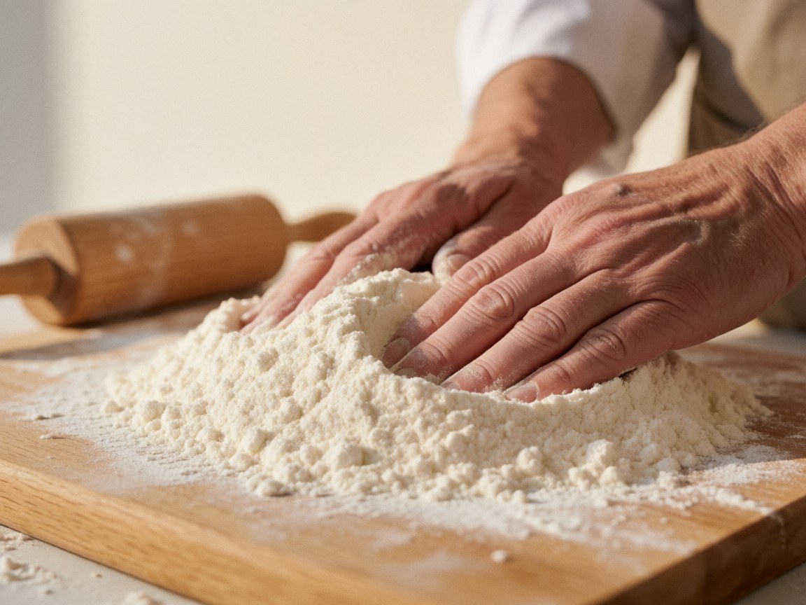 Mains de boulanger pétrissant de la farine blanche sur un plan de travail en bois avec un rouleau à pâtisserie, sur un fond de murs blancs chauds.