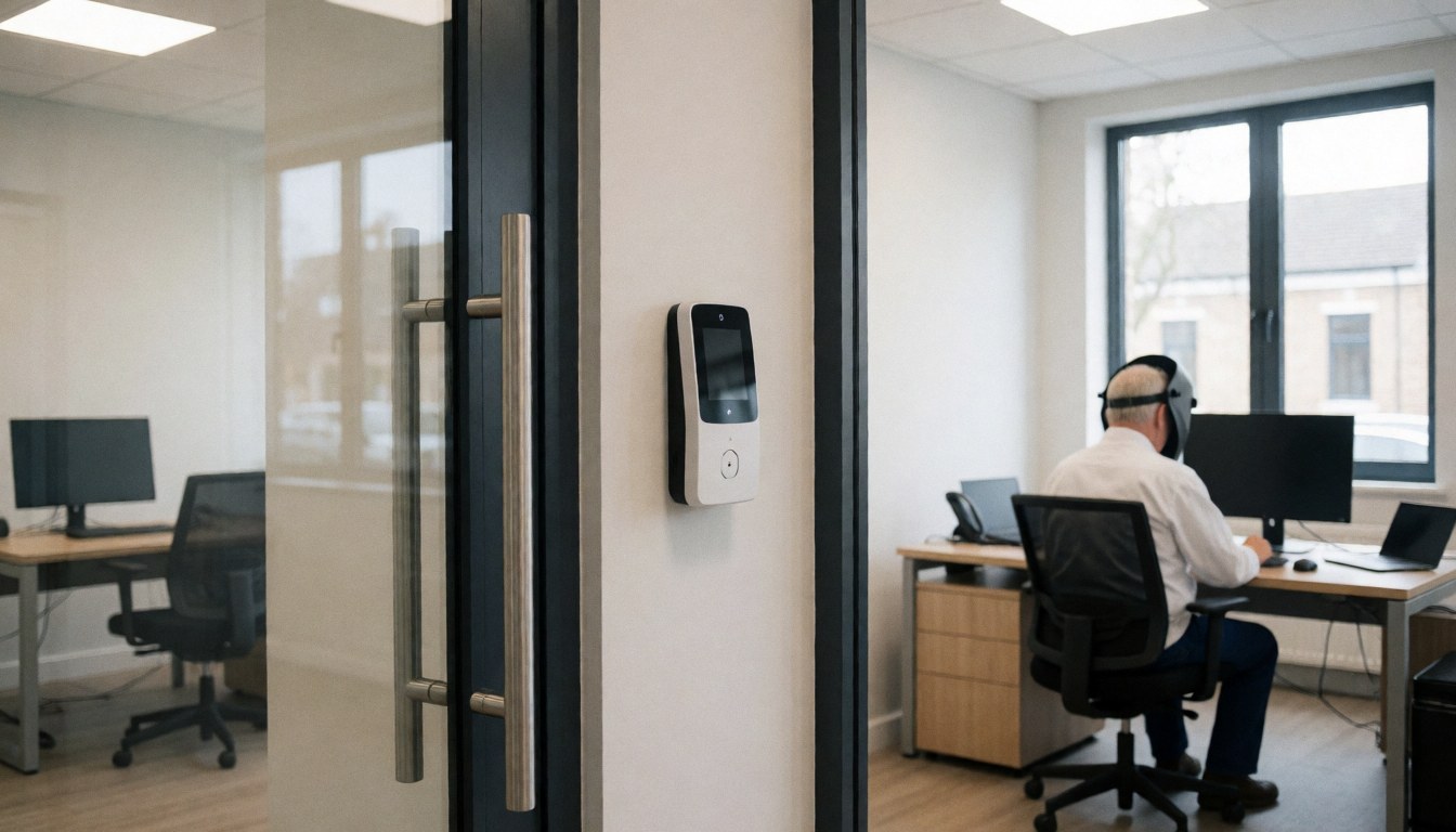 Panneau biométrique fixé au mur près d'une porte vitrée dans un bureau moderne avec une personne travaillant sur un ordinateur