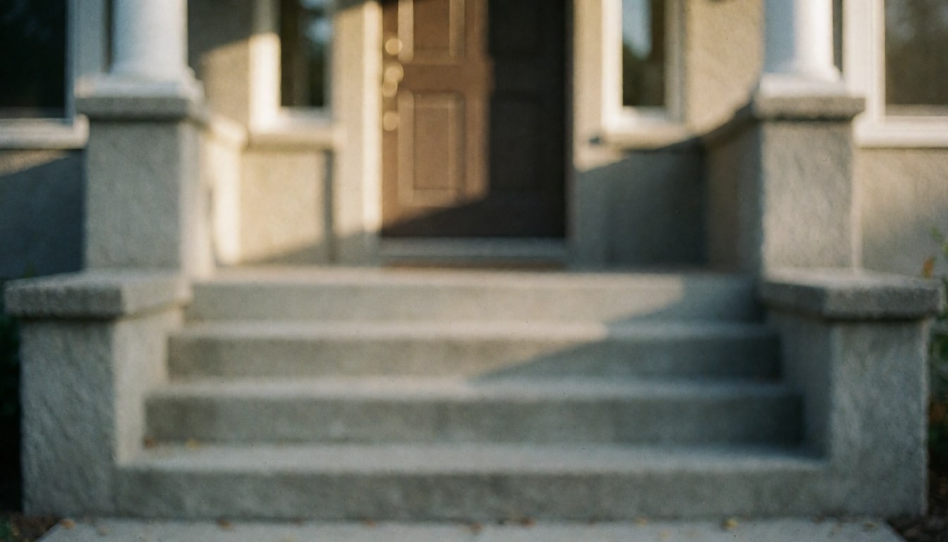 Escaliers en béton menant à une porte d'entrée avec lumière de coucher de soleil, idéal pour fond de texte de réparation d'escaliers.