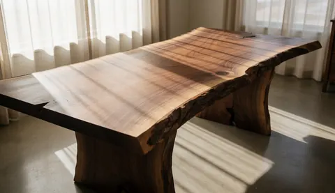 Table en bois massif avec bord naturel dans une salle à manger, éclairée par la lumière de la fenêtre, sur un sol en béton poli avec grain visible.