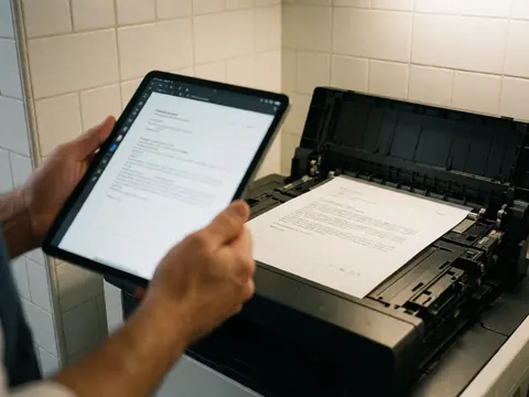 Des mains tenant une tablette affichant un document numérique à côté d'une feuille imprimée par une imprimante dans un bureau.