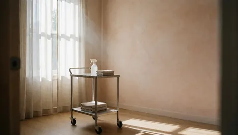 Salle de massage aux ventouses propre avec chariot métallique et serviettes, murs en plâtre terre cuite, lumière naturelle par la fenêtre.