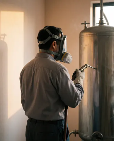 Un ouvrier équipé d'un masque et de gants utilise un tuyau haute pression sur un réservoir métallique dans une usine industrielle.